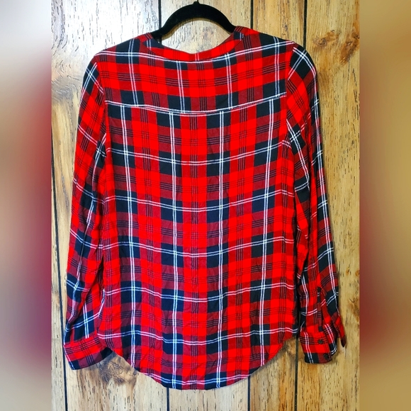 EXPRESS Buffalo Plaid Lace Tie up Long Sleeve Top XSMALL V Neck Red Black - Picture 2 of 10